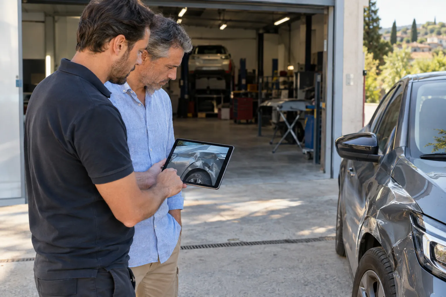 Devant la porte de l'atelier, un conseiller montre un devis sur tablette à un client, à côté de l'aile abîmée de sa voiture.