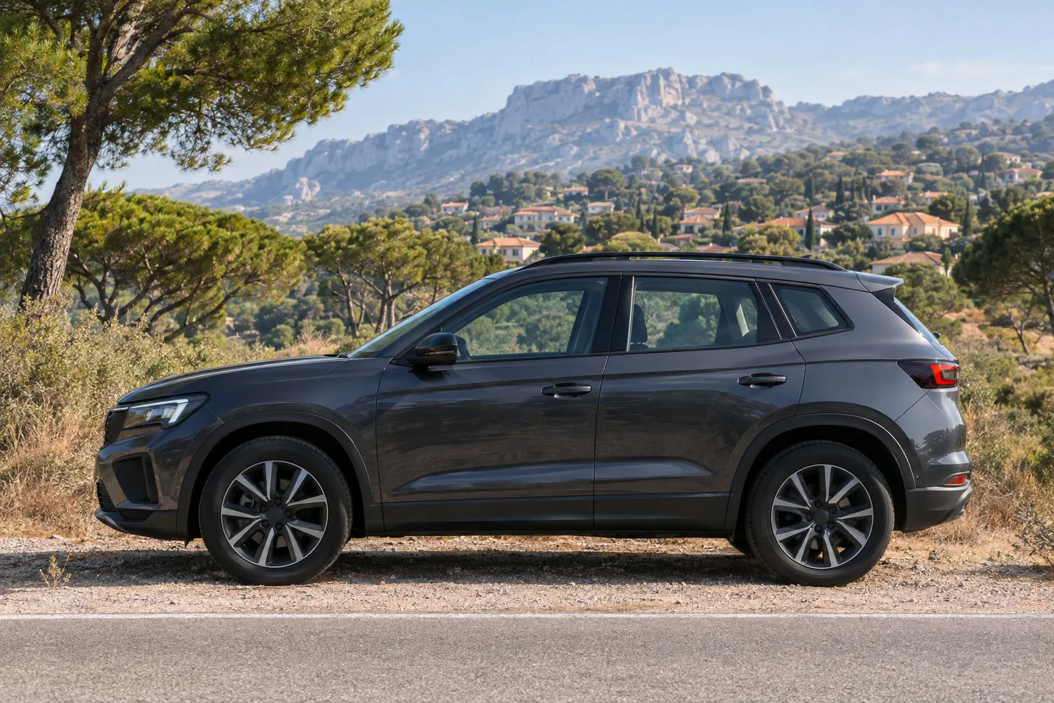 Un SUV anthracite garé au bord d'une route au nord d'Aubagne, pins parasols, villas aux toits de tuiles et massif calcaire derrière.